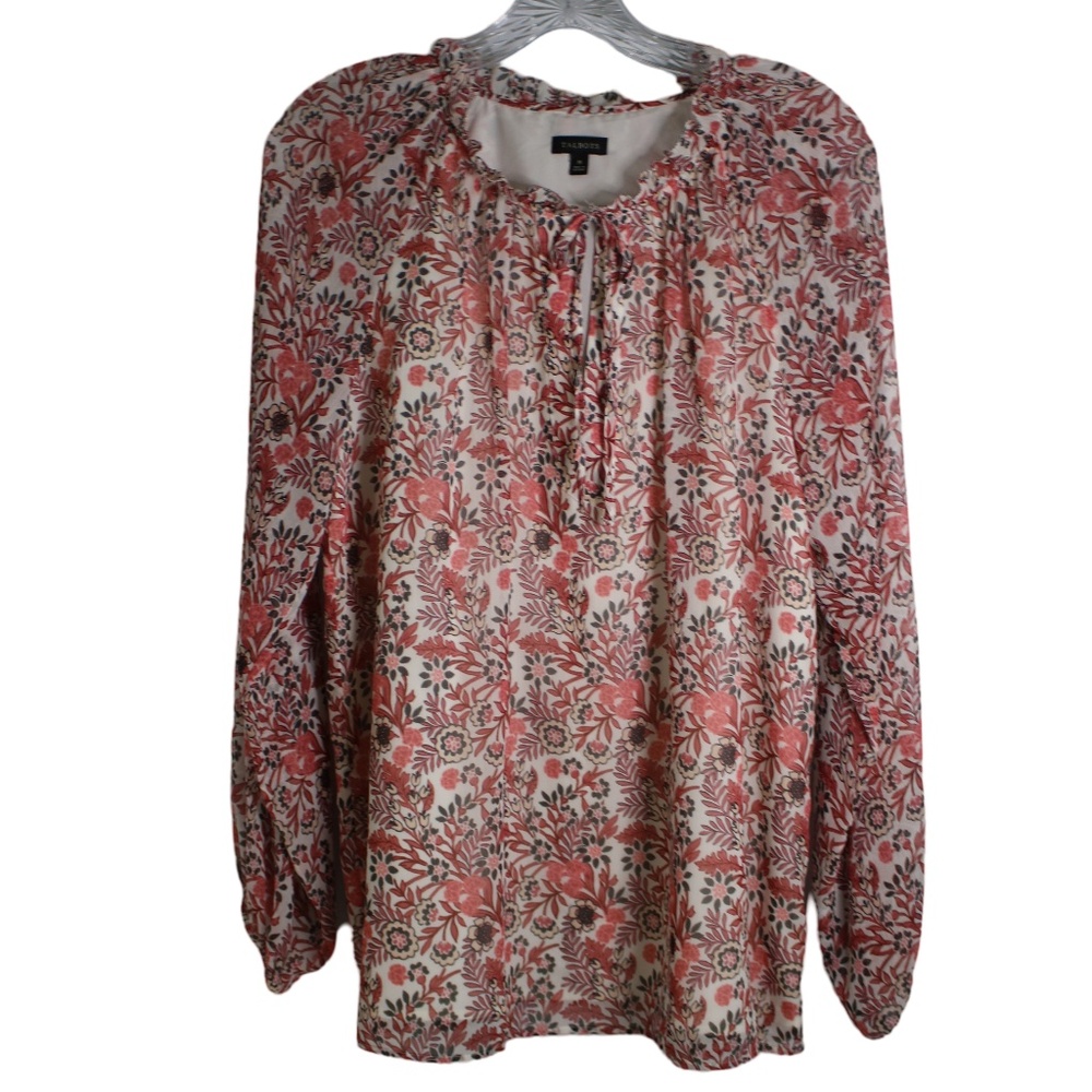 Talbots Medium‎ Lined Floral Ruffle Tie Neck Blouse Peasant Sleeves